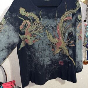 Black Dragon and Phoenix Graphic Long Sleeve Top